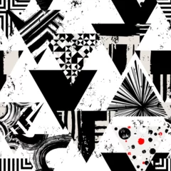Tuinposter abstract geometric background pattern, with triangles, paint strokes and splashes, seamless, black and white © Kirsten Hinte