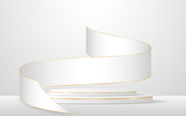 White podium with white ribbon and gold line on the back for product presentation. Display of cosmetic products. vector illustration
