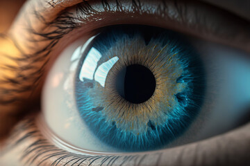 Human blue eye realistic beautiful closeup zoom, created by Generative AI. - obrazy, fototapety, plakaty