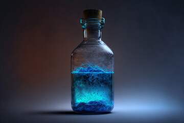 Chemical glass bottle filled with blue potion isolated on gradient background. Magic liquid concept, generated by AI.