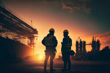 Fototapeta premium Silhouettes of engineers checking project near construction site at sunset, create by Generative AI Technology Illustrations.
