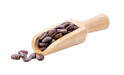 roasted coffee beans in wood scoop isolated on tansparent png.