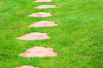 grass on the ground. Stacked path from wooden cut circles