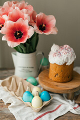 Easter symbols colored eggs and Panettone. Pink tulips in a metal jug. Easter holidays in Ukrainian style. Colored eggs in Ukrainian flag colors yellow and blue 
