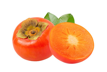 ripe persimmons with leaf isolated on transparent png