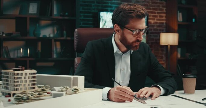 Man architect drawing blueprints of a building while working in the office