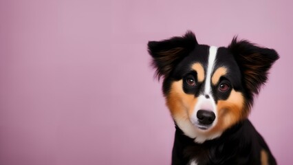 A cute, smiling Australian Shepherd dog in studio lighting with a colorful background. Sharp and in focus. Ideal for adding a friendly touch to any project.