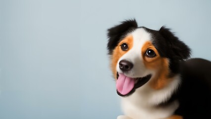 A cute, smiling Australian Shepherd dog in studio lighting with a colorful background. Sharp and in focus. Ideal for adding a friendly touch to any project.