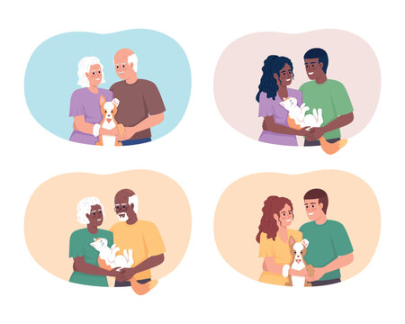 Couple with family pet 2D vector isolated illustration set. Happy relationship. Male and female flat characters on cartoon background. Colorful editable scene pack for mobile, website, presentation