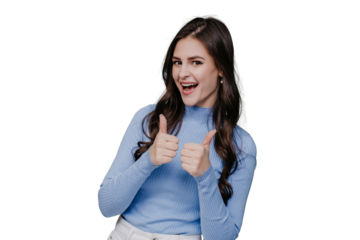 Cheerful young brunette hispanic woman in lilac sweater shows thumb up gesture by both hands looks at camera excited by discount, sale, promo over transparent background with empty space. Approvement.