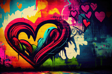 Colorful graffiti heart on brick wall as love symbol illustration (Generative AI) - obrazy, fototapety, plakaty
