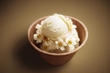 Bowl with vanilla ice cream scoops decorated with vanilla flowers as modern dessert illustration (Generative AI)
