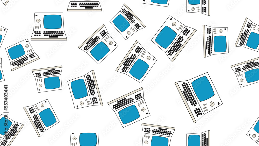 Poster seamless pattern endless computer with old retro computers, pc and vintage white hipster floppy disk