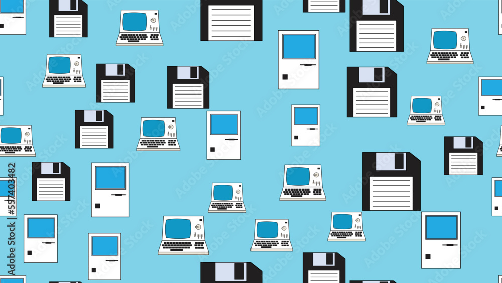 Poster seamless pattern endless computer with old retro computers, pc and vintage white hipster floppy disk