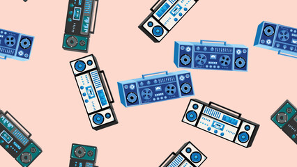 Seamless pattern endless with music audio cassette old retro tape recorders vintage hipster from 70s, 80s, 90s isolated on brown background. Vector illustration
