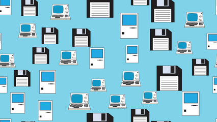 Seamless pattern endless computer with old retro computers, pc and vintage white hipster floppy disks from 70s, 80s, 90s isolated on blue background. Vector illustration