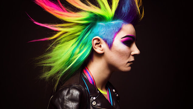 Dare to be different concept, with girl having a huge colorful mohawk , Generative AI illustration
