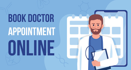 Book doctor appointment online flat vector banner template. Making visit poster, leaflet printable color designs. Editable flyer page with text space. Bebas Neue, Anton Regular fonts used