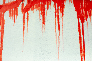 Red paint flows across white wall. Blood runs down surface. Graffiti texture.