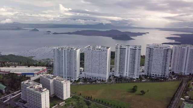 A row of condominium buildings overlooking the Taal Caldera. Highrise apartments in Tagaytay, Cavite, Philippines