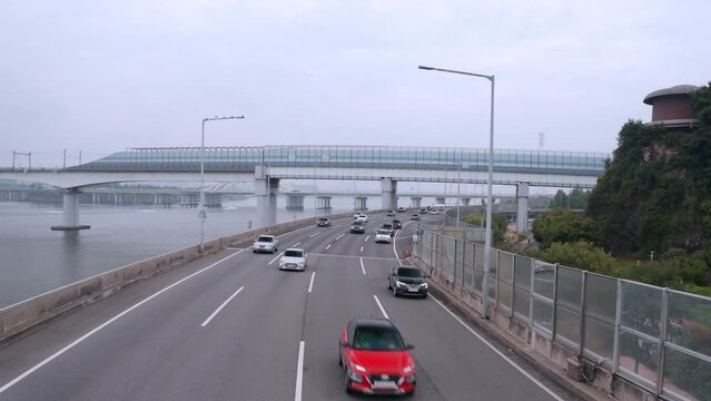 [korea drone footage] Han river landscape, Seoul, Korea, Yangwha bridge,