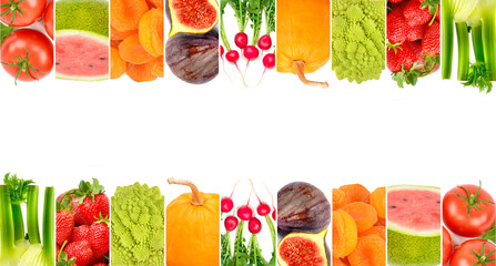 Fruits and vegetables isolated on white . Collage.