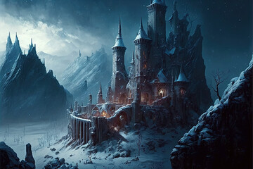 Fantasy Medieval Castle in Snowy Mountains, Concept Art, Digital Illustration - obrazy, fototapety, plakaty