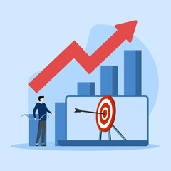 Digital business illustration concept. Characters generate ideas, target market and make money, analyze marketing data. Business activity concept. Vector illustration.