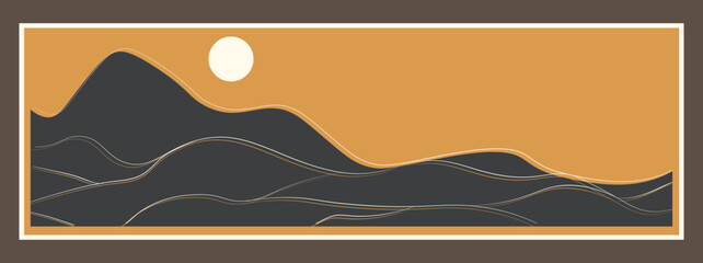 Obraz premium Minimalist abstract art landscape mountain with sunrise, sunset or moon by line art texture isolated on dark grey black background. Minimal luxury style for wallpaper, banner, wall art decoration.