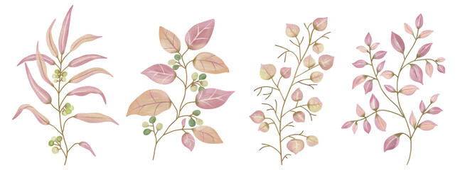 Watercolor Leaves Pink, Branch painting leaf art