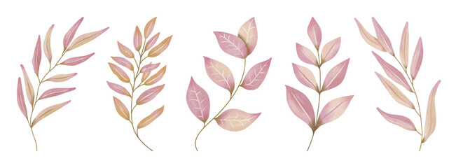 Watercolor Leaves Pink, Branch painting leaf art
