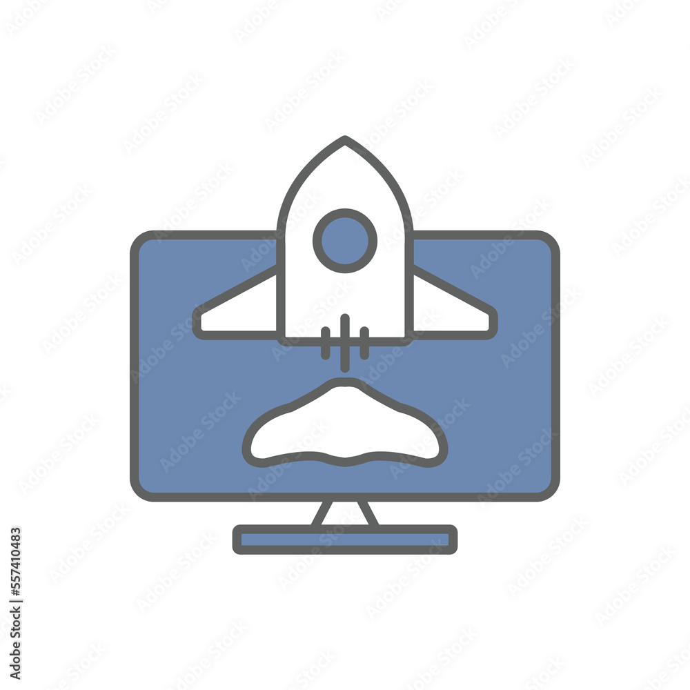 Poster monitor screen icon illustration with rocket. suitable for start up icon. icon related to developer.