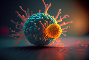 Generative AI illustration of cancer cell attacking another cell. Digital art.