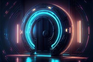 Generative AI illustration of high tech fantasy round portal neon light, illumination entrance, galaxy doors, appliances, cyberpunk. Abstract neon background, portal, entrance