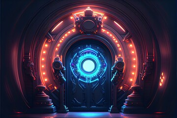 Generative AI illustration of high tech fantasy round portal neon light, illumination entrance, galaxy doors, appliances, cyberpunk. Abstract neon background, portal, entrance - obrazy, fototapety, plakaty