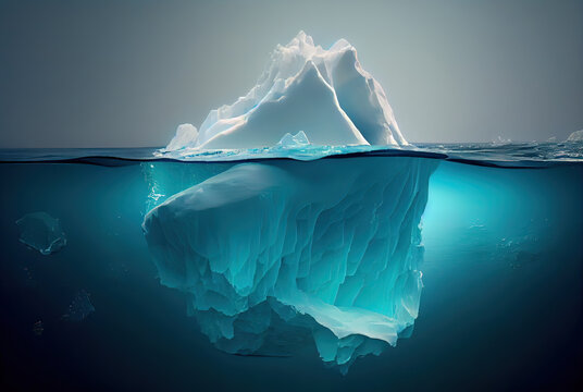 Generative AI illustration of large iceberg floating in the sea. Digitally generated image