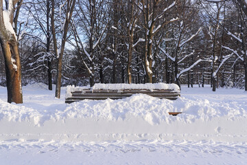 Bench under snowdrift in the park in winter day