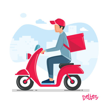 Delivery man riding a red scooter illustration.
