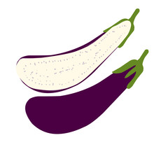 Whole and Sliced Eggplant Vector,  Purple Eggplant and Half Cut Eggplant Illustration,  Eggplant with Cross Section – Vector