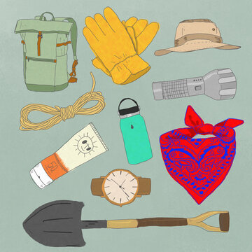 Set of hiking and gardening tools on gray background