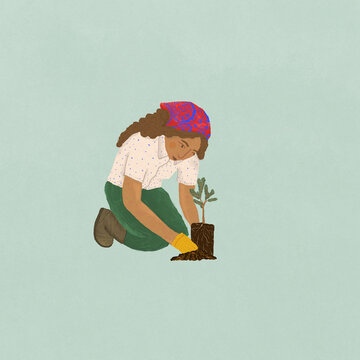 Illustration of young female farmer planting tree on blue background
