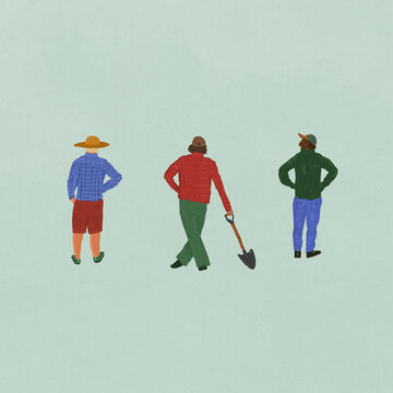Vector image of men admiring nature after work in blue background farmland