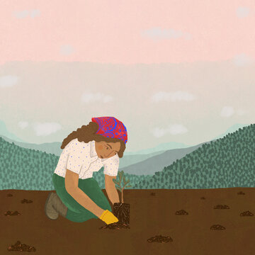 Illustration of young female farmer planting tree in countryside