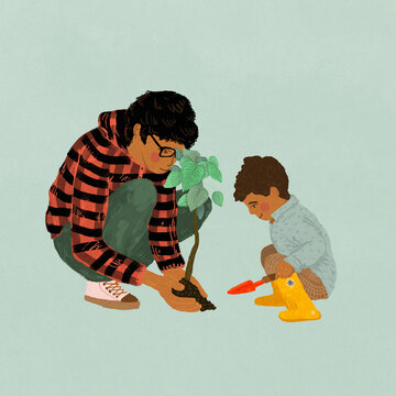 Vector design of man with son planting tree in nature