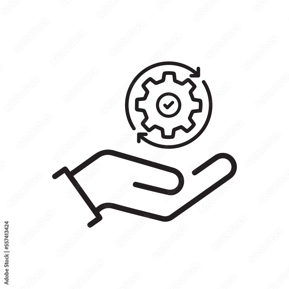 Poster hand holding gear like optimize system icon. linear trend modern simple digital perform logotype gra