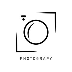 Camera Photography Logo Icon Design Vector. Vector thin line icon, camera silhouette. Logo template illustration for photographer, photography studio, shop or school. Black on white isolated symbol.