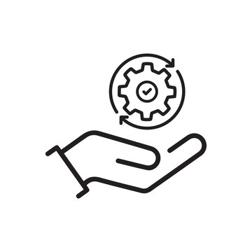 recommend clip art: hand holding gear like optimize system icon. linear trend modern simple digital perform logotype graphic stroke design web element isolated on white. concept of workflow symbol or efficient pictogram