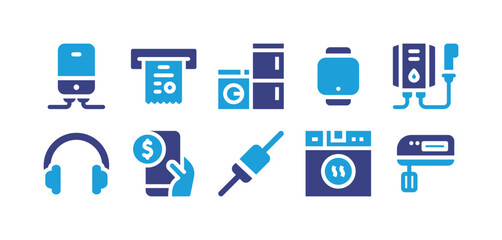 Electronics icon set. Duotone color. Vector illustration. Containing water heater, invoice, home appliance, product, headphones, donation, shot, dryer, mixer.