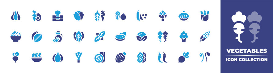 Vegetables icon collection. Duotone color. Vector illustration. Containing garlic, healthy food, vegetable box, cabbage, vegetables, green peas, artichoke, squash, fennel, fruit salad, and more.
