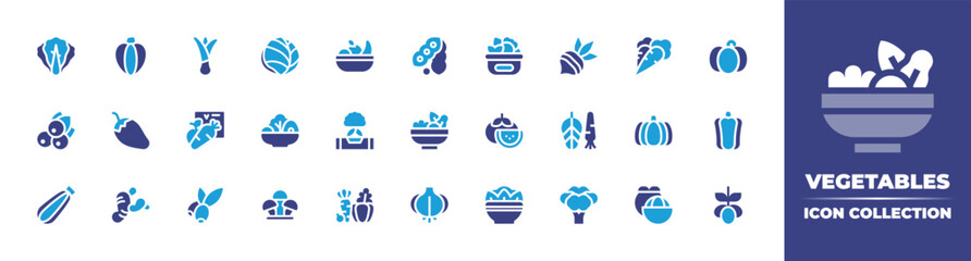 Vegetables icon collection. Duotone color. Vector illustration. Containing lettuce, acorn squash, green onion, red cabbage, fruits, soy, healthy food, beet, carrot, pumpkin, blueberry, and more.